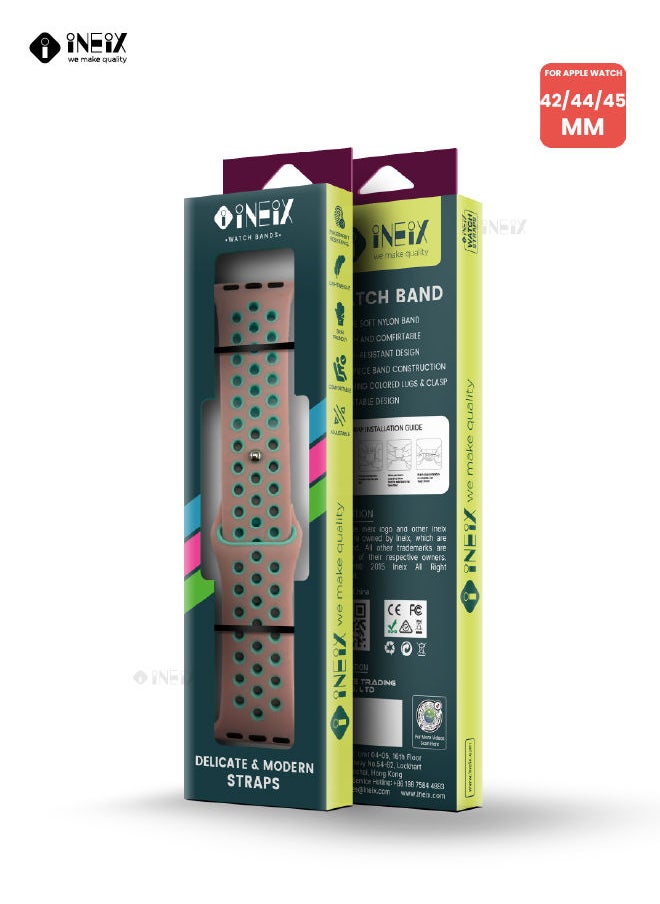 INEIX - Soft Silicone Sport Nike Edition Replacement Strap For Apple Watch 42/44/45 mm - Pink/Green - Image 1