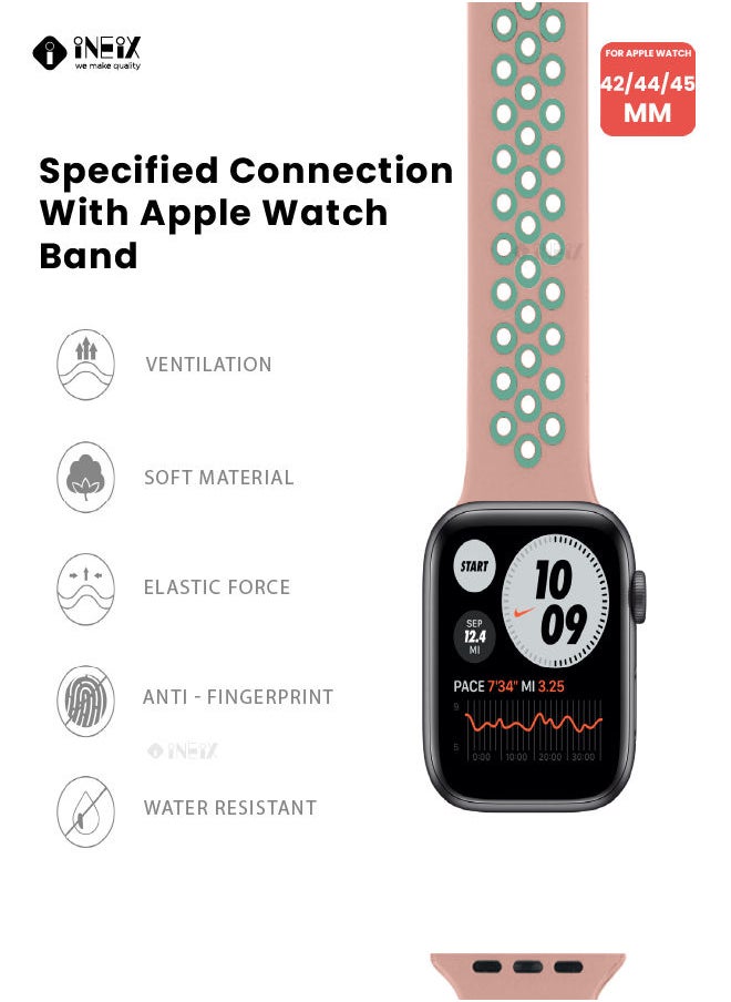 INEIX - Soft Silicone Sport Nike Edition Replacement Strap For Apple Watch 42/44/45 mm - Pink/Green - Image 1