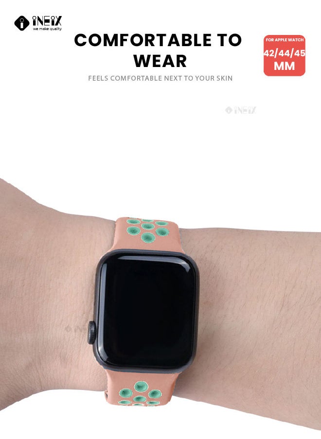 INEIX - Soft Silicone Sport Nike Edition Replacement Strap For Apple Watch 42/44/45 mm - Pink/Green - Image 1