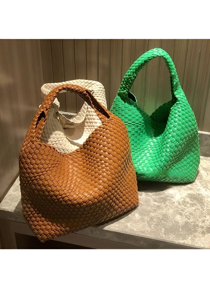 REOCLE - Women's Woven Bag Vegan Leather Tote Bag Large Summer Beach Travel Handbag and Purse Retro Handmade Shoulder Bag - Image 1
