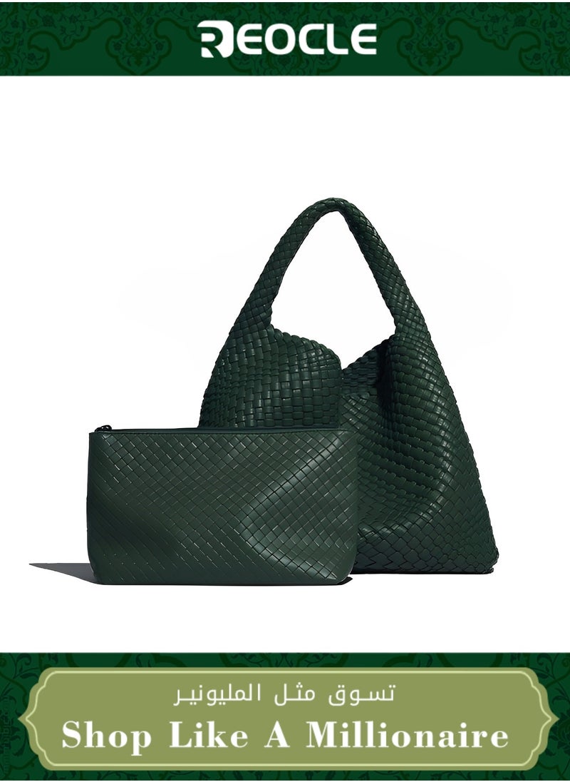 REOCLE - Women's Woven Bag Vegan Leather Tote Bag Large Summer Beach Travel Handbag and Purse Retro Handmade Shoulder Bag - Image 1