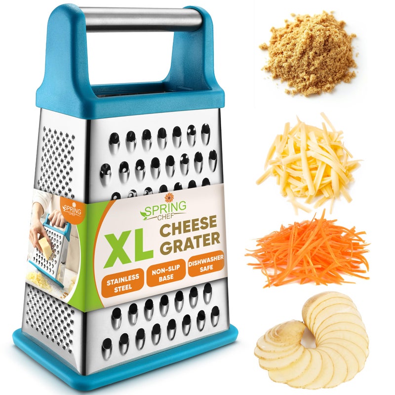 Spring Chef Handheld Stainless Steel XL Parmesan Cheese Grater with Handle  4 Sided Metal Box Grater for Kitchen  Dishwasher Safe Potato Shredder for Hash Browns Potato Carrot Vegetables  Teal