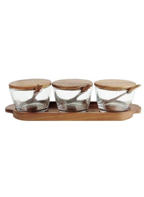 Glass Spice Jars Set of 3 - Condiment Pots Storage Jars with Wooden Lids, Spoons, Base
