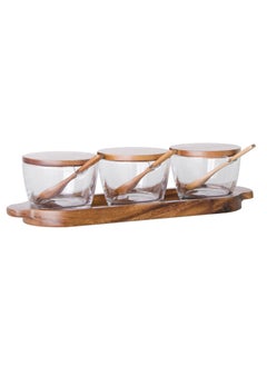 BILLI Glass Spice Jars Set of 3 - Condiment Pots Storage Jars with Wooden Lids, Spoons, Base  - Image 2