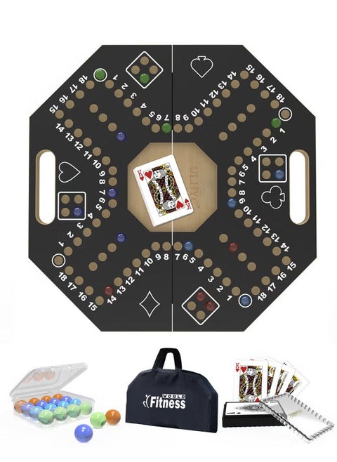 Wooden Jackaroo Game with Sturdy Carrying Case, Portable Folding Jackaroo Game Board, Wooden Strategy Jackaroo Game Table for 4 Players with Marbles and Cards, 40x40cm