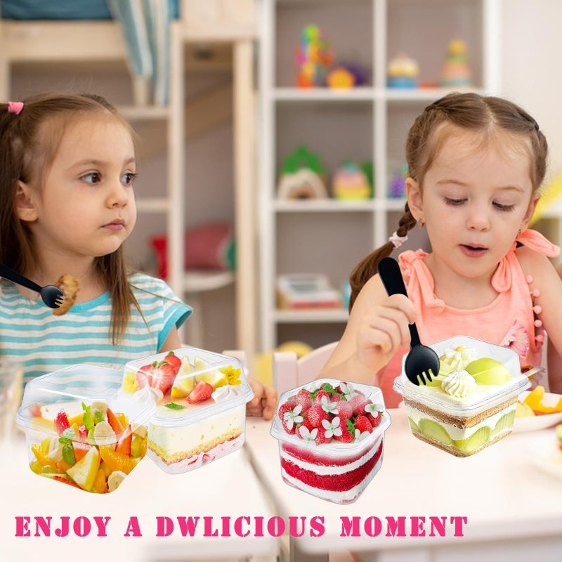 Cshangzei 100Pcs 8oz Plastic Dessert Cups with Lids and Spoons Disposable Parfait Cup Square Cake Containers for Party Favor Mousse Yogurt Pudding Snacks Fruits 50 Sets - Image 4