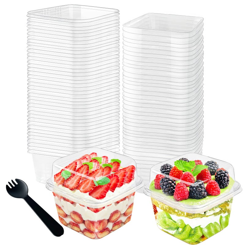 Cshangzei 100Pcs 8oz Plastic Dessert Cups with Lids and Spoons Disposable Parfait Cup Square Cake Containers for Party Favor Mousse Yogurt Pudding Snacks Fruits 50 Sets - Image 1