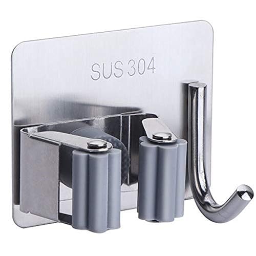 JIALTO SUS 304 Stainless Steel Broom & Mop Holder Wall Mounted Organizer, Heavy Duty No Drill Storage Rack with Hooks for Bathroom, Kitchen, Office, Closet & Garden (Pack of 2) - Image 1