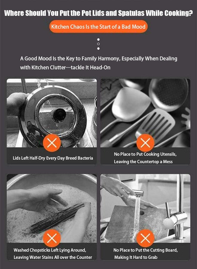 تابيت رف لأغطية الأواني المطبخية، منظم لأغطية الأواني مزود بحامل للأدوات، حامل مقاوم للصدأ لأغطية الأواني مزود بصينية تصريف، حامل لأغطية الأواني يُثبَّت على سطح العمل أو الحائط، يناسب معظم أغطية الأواني والملاعق وألواح التقطيع، أبيض - Image 2