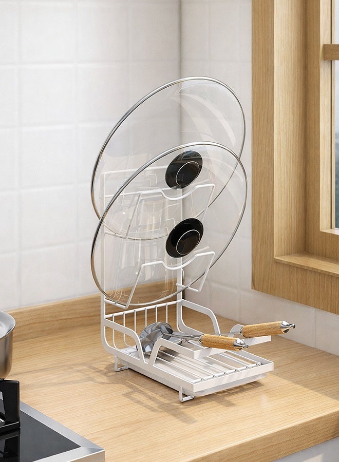 تابيت رف لأغطية الأواني المطبخية، منظم لأغطية الأواني مزود بحامل للأدوات، حامل مقاوم للصدأ لأغطية الأواني مزود بصينية تصريف، حامل لأغطية الأواني يُثبَّت على سطح العمل أو الحائط، يناسب معظم أغطية الأواني والملاعق وألواح التقطيع، أبيض - Image 3