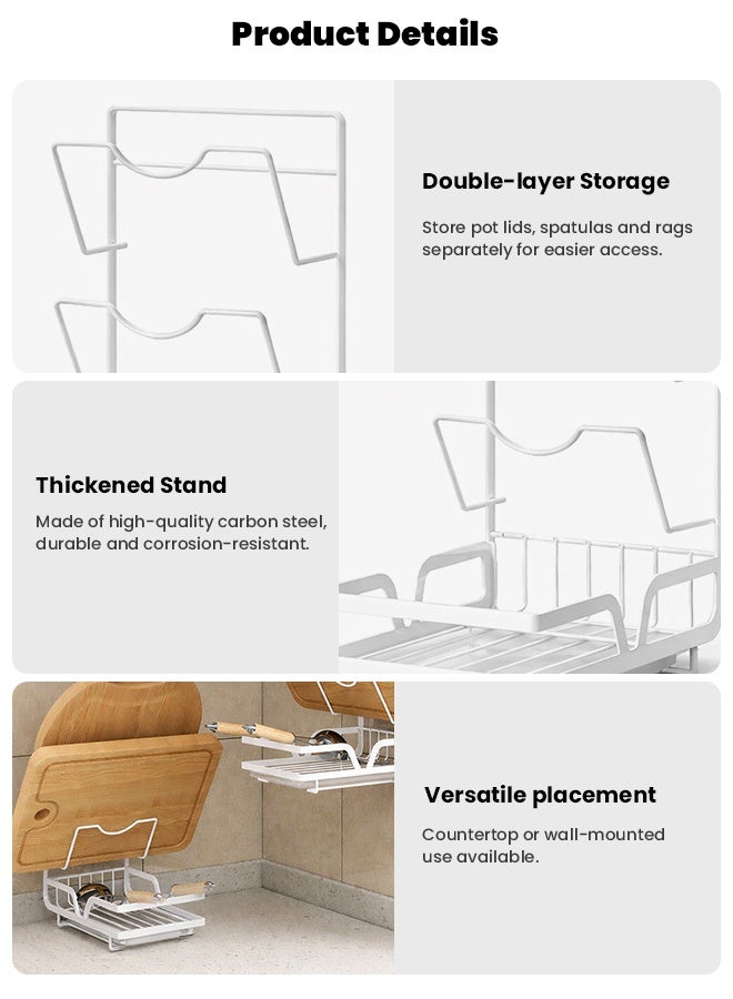 تابيت رف لأغطية الأواني المطبخية، منظم لأغطية الأواني مزود بحامل للأدوات، حامل مقاوم للصدأ لأغطية الأواني مزود بصينية تصريف، حامل لأغطية الأواني يُثبَّت على سطح العمل أو الحائط، يناسب معظم أغطية الأواني والملاعق وألواح التقطيع، أبيض - Image 4