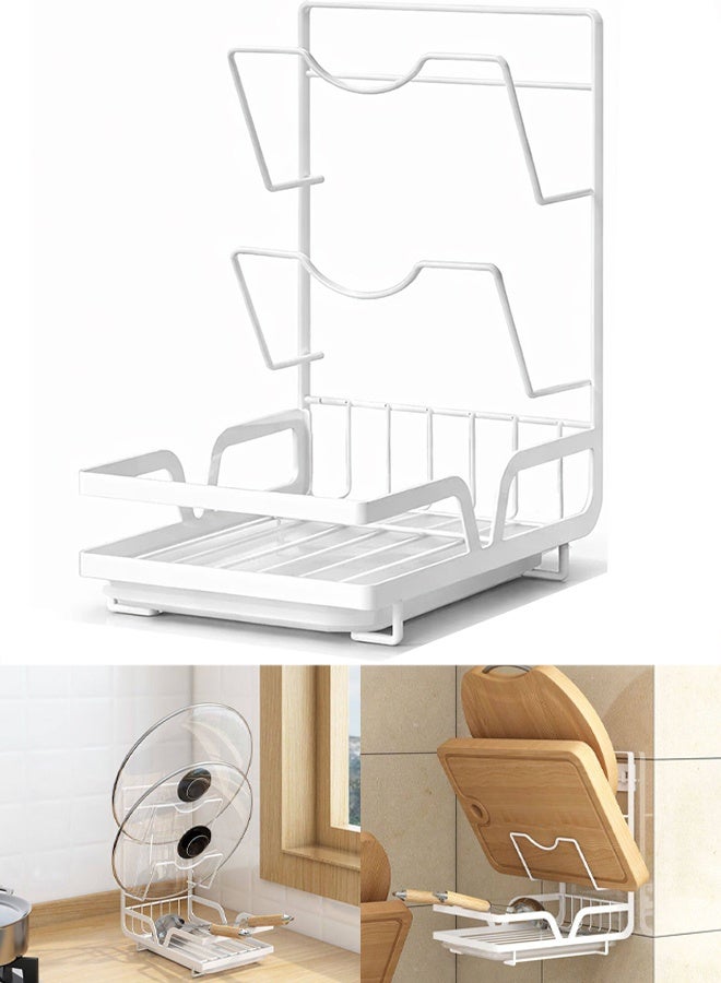 تابيت رف لأغطية الأواني المطبخية، منظم لأغطية الأواني مزود بحامل للأدوات، حامل مقاوم للصدأ لأغطية الأواني مزود بصينية تصريف، حامل لأغطية الأواني يُثبَّت على سطح العمل أو الحائط، يناسب معظم أغطية الأواني والملاعق وألواح التقطيع، أبيض - Image 1