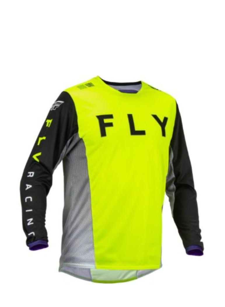 Fly Racing Neon Yellow-Grey-Black Long-Sleeve Motocross Jersey with Brand Logo and Accents- S