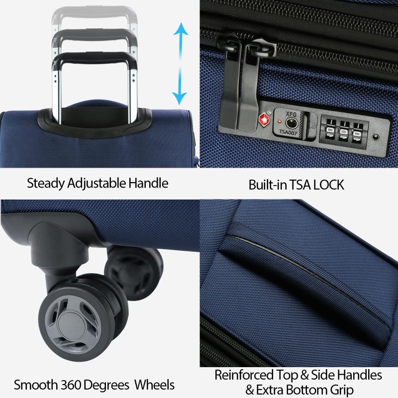 KROSER Softside Expandable Carry On Luggage with Front Business Pocketsï¼Œ20 Inch Suitcases with Spinner Wheels & Built-in TSA Lock, Durable Suitcase Rolling Luggage with USB Port, Navy - Image 4