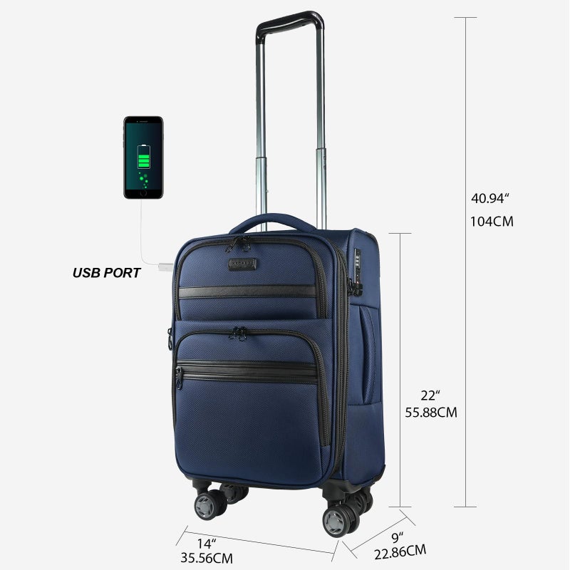 KROSER Softside Expandable Carry On Luggage with Front Business Pocketsï¼Œ20 Inch Suitcases with Spinner Wheels & Built-in TSA Lock, Durable Suitcase Rolling Luggage with USB Port, Navy - Image 2