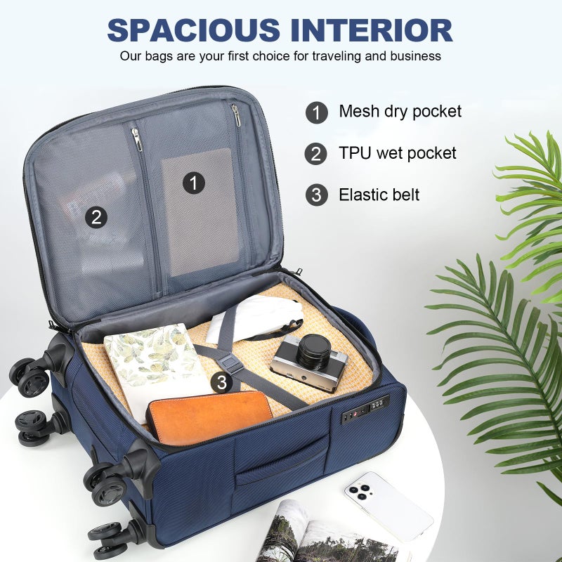 KROSER Softside Expandable Carry On Luggage with Front Business Pocketsï¼Œ20 Inch Suitcases with Spinner Wheels & Built-in TSA Lock, Durable Suitcase Rolling Luggage with USB Port, Navy - Image 3