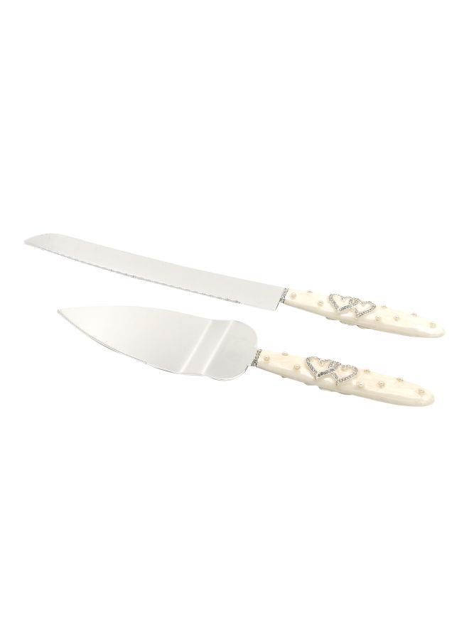 طقم سكاكين كيك من قطعتين أبيض/فضي 1xCake Shovel 13x37x3, 1xLarge Knife 20سم