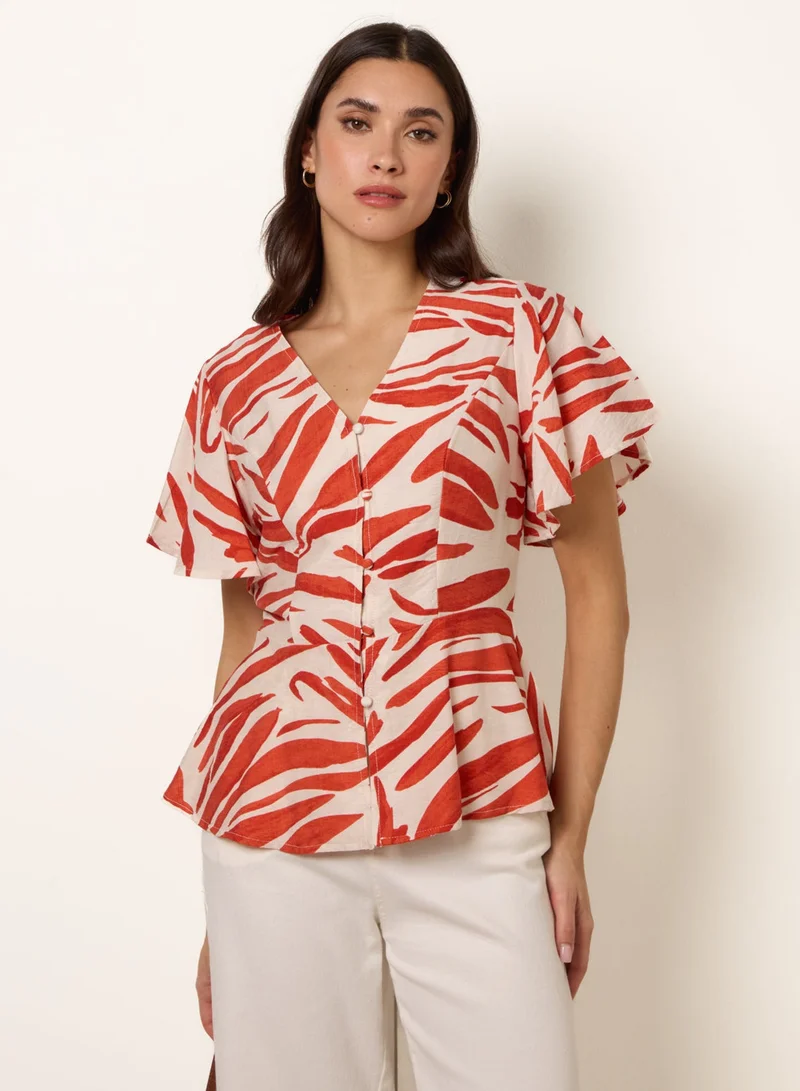 Blue Vanilla Top with Brushstroke Leaf Print