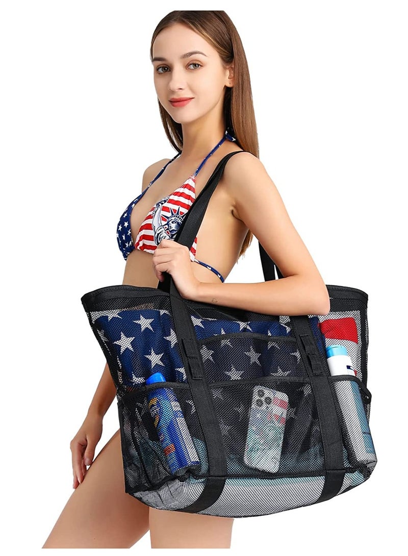 Barakah Beach Bag, Extra Large Bag for Women Travel, Mesh Tote Toys, Towel, flip flops, Black - Image 2