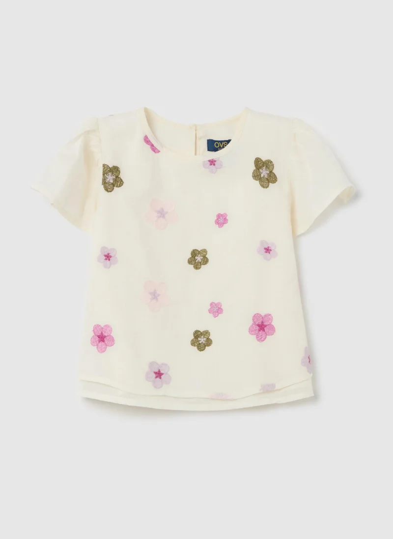 او في اس Cotton Blouse With Small Flowers Embroidery