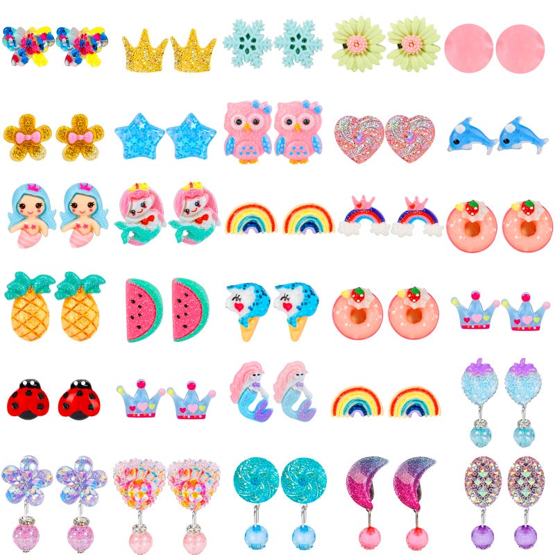 Hicdaw Kids Clip On Earrings for Girls Ages 4-12 Hypoallergenic 30 Pairs Sets, Non Pierced Earrings Cute Clip On Earrings for Girls Set, Girl Dress Up Mixcolor A - Image 1