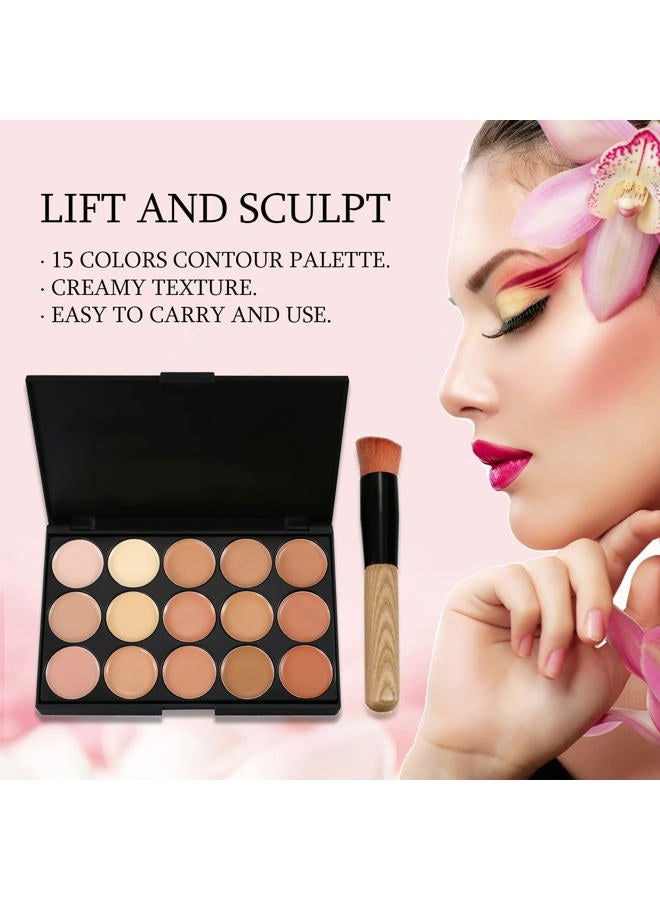 Vtrem 15 Colors Contour Palette Kit Camouflage Concealer Palette Christmas Gifts Eyeshadow Face Cream Makeup Foundation Kit Combination with Powder Brush for Professional and Daily Use - Image 3