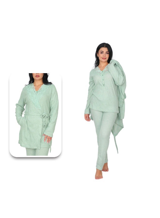 Dadoush Women's Winter Pajama Set, 3 Pieces, Dadoush Women's Long Sleeve Pajamas, Comfortable Women's Pajama Set with Lace on the Chest, 3 Piece Winter Pajamas for Women from Dadoush - Image 1