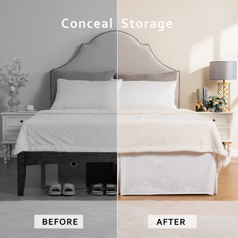MIYE Pleated Waffle Weave Bed Skirt, Tailored Dust Ruffle 14 Inch Drop Easy Fit, Machine Washable,No Split Corners (White, Queen - 14" Drop) - Image 4