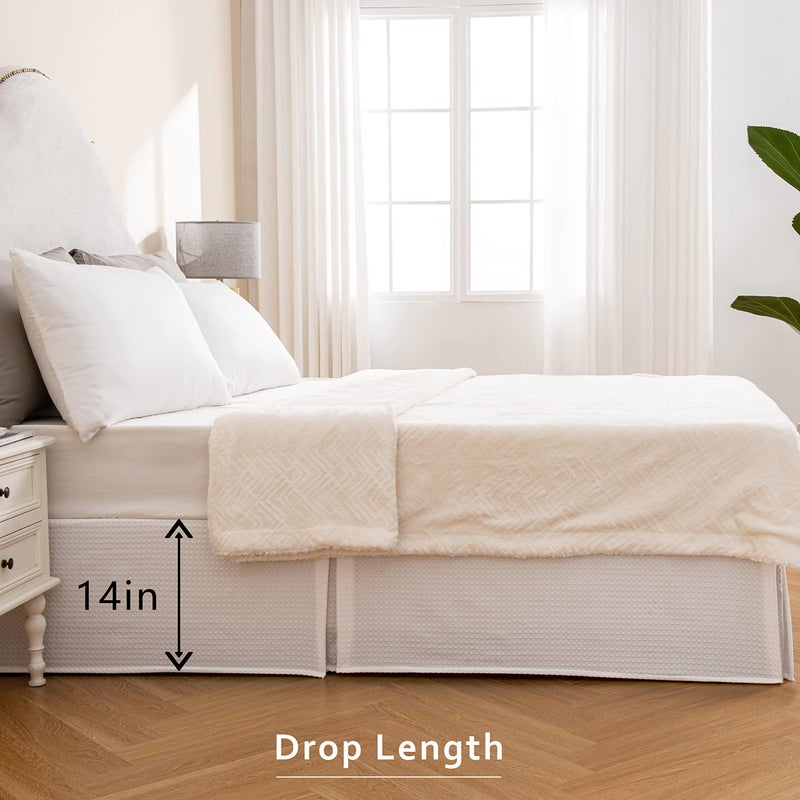 MIYE Pleated Waffle Weave Bed Skirt, Tailored Dust Ruffle 14 Inch Drop Easy Fit, Machine Washable,No Split Corners (White, Queen - 14" Drop) - Image 5