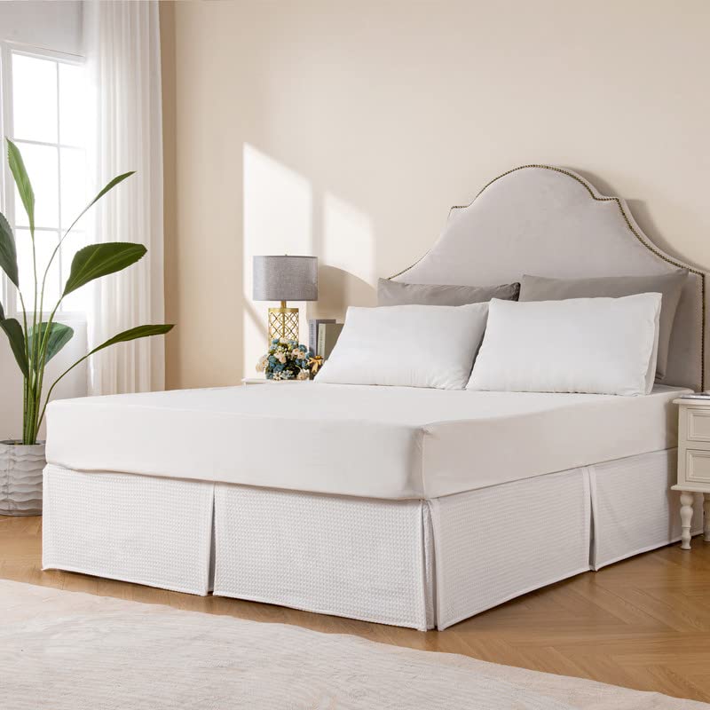 MIYE Pleated Waffle Weave Bed Skirt, Tailored Dust Ruffle 14 Inch Drop Easy Fit, Machine Washable,No Split Corners (White, Queen - 14" Drop) - Image 3