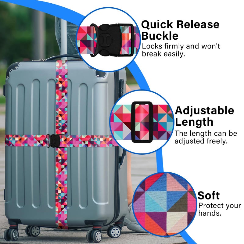 ZHOMA 2 Pack Luggage Straps for Suitcases, Adjustable Travel Belt with Double Lock and Quick Release Buckle, Heavy Duty Nylon Bag Packing Strap, Bright Identifiers Business Travel Accessories-Colorful Block - Image 4