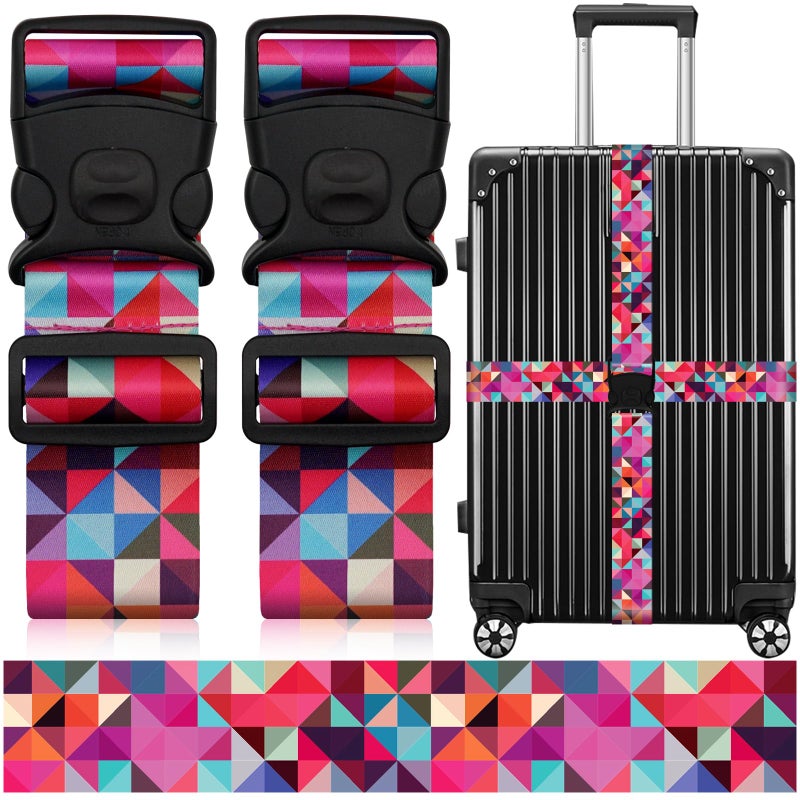 ZHOMA 2 Pack Luggage Straps for Suitcases, Adjustable Travel Belt with Double Lock and Quick Release Buckle, Heavy Duty Nylon Bag Packing Strap, Bright Identifiers Business Travel Accessories-Colorful Block - Image 1
