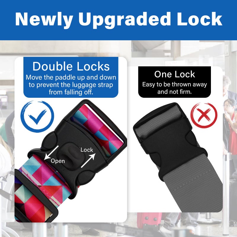 ZHOMA 2 Pack Luggage Straps for Suitcases, Adjustable Travel Belt with Double Lock and Quick Release Buckle, Heavy Duty Nylon Bag Packing Strap, Bright Identifiers Business Travel Accessories-Colorful Block - Image 2