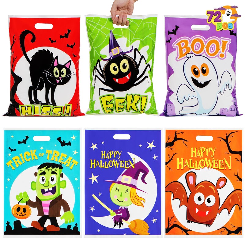JOYIN 72 PCS Halloween Candy Bags for Trick or Treat, Plastic Goodie Gift Bag with 6 Designed Characters for Kids Party Favors, Treat Party Supplies - Image 1