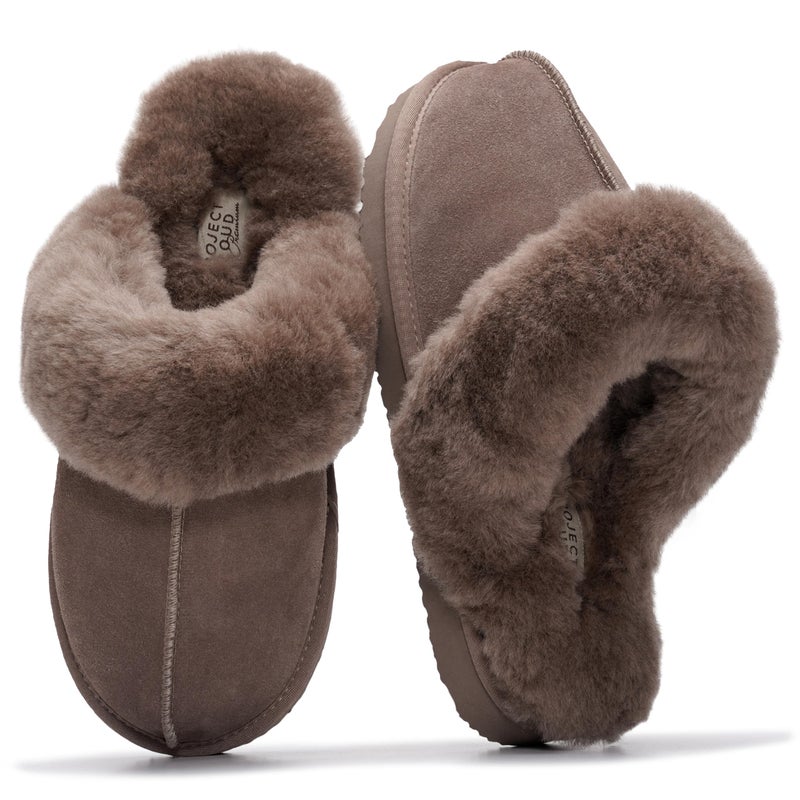 Project Cloud 100% Genuine Leather Slippers for Women Footwear with Genuine Fur Lining Womens Clogs & Mule - Non-Slip Indoor/Outdoor Scuff Womens Slippers with Memory Foam Insole (Henka, TAUP, 6.5)