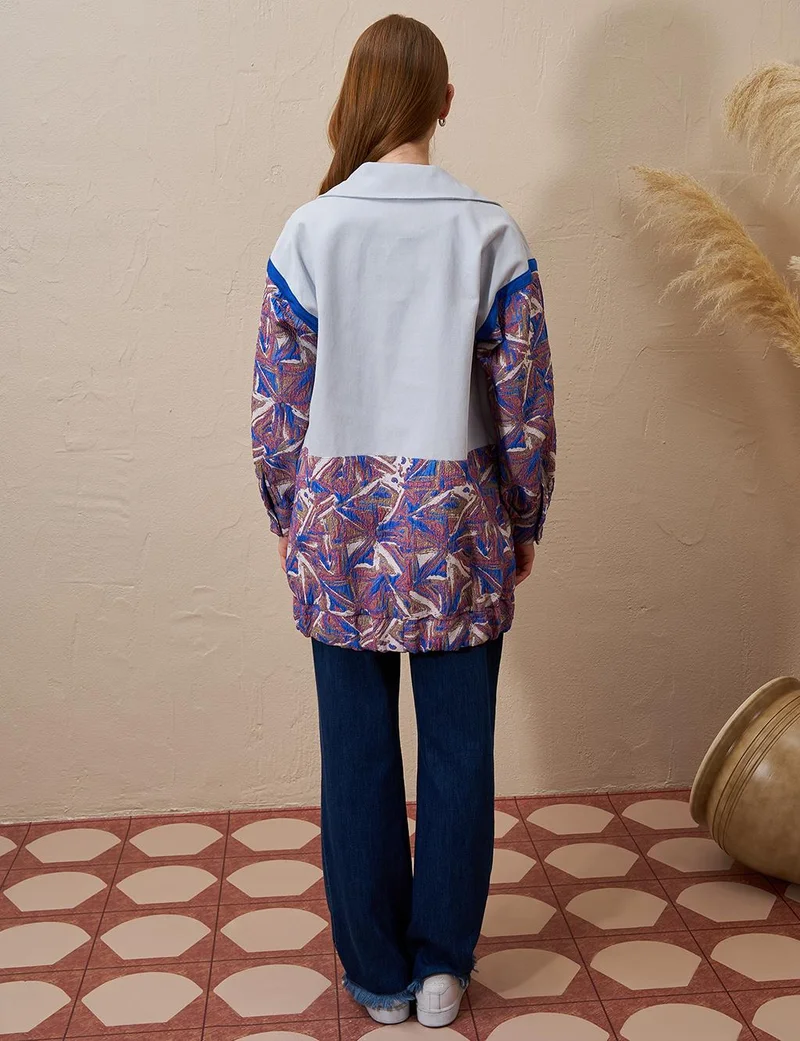 Kayra Jacquard Trimmed Denim Jacket Blue