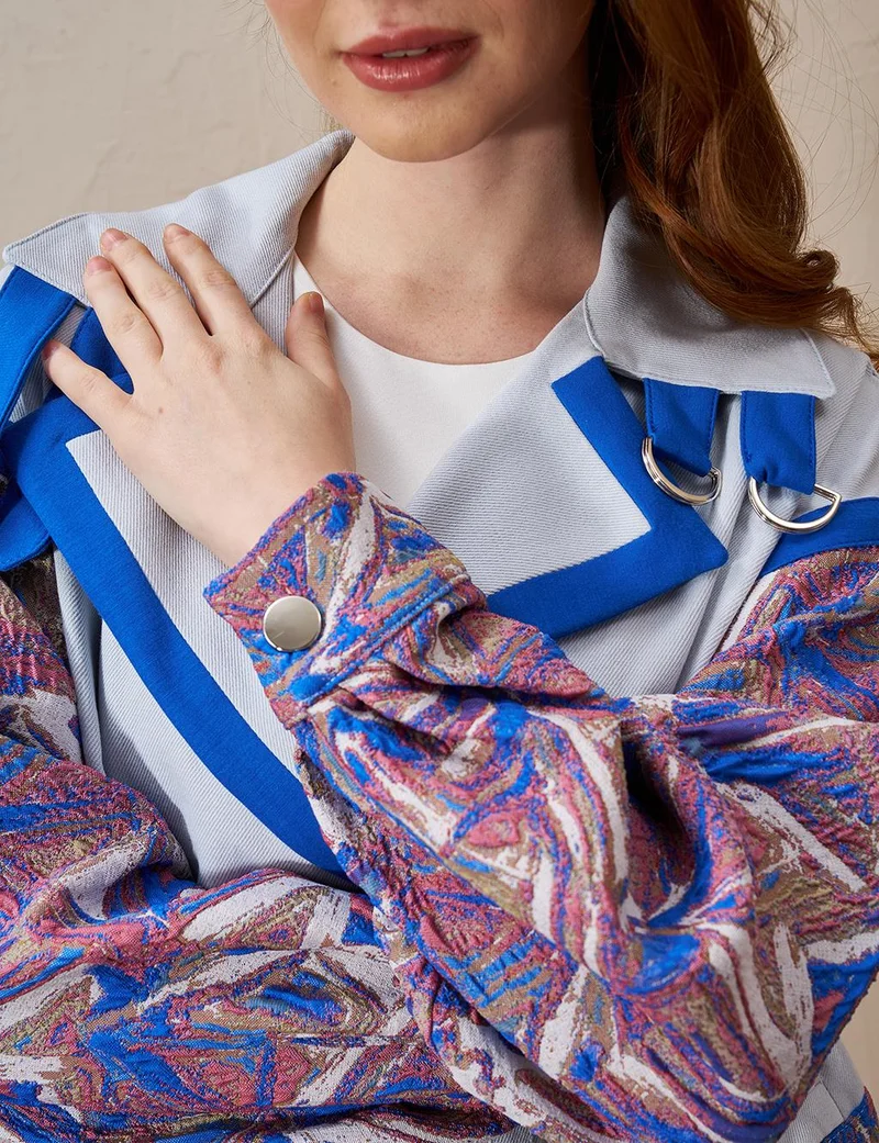 Kayra Jacquard Trimmed Denim Jacket Blue