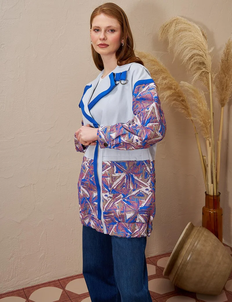 Kayra Jacquard Trimmed Denim Jacket Blue