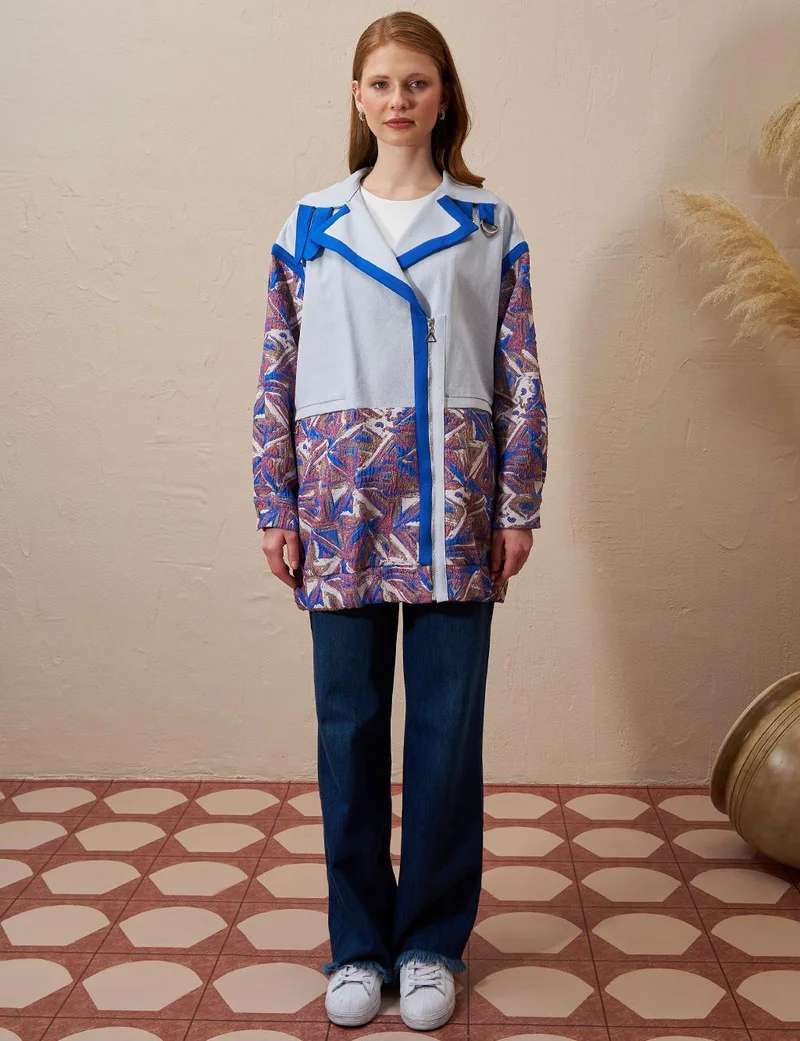 Kayra Jacquard Trimmed Denim Jacket Blue