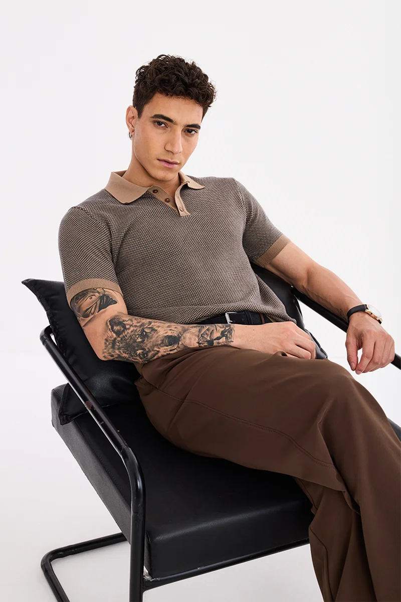 SNITCH Brown Checkered Half Sleeve Regular Fit T-Shirt