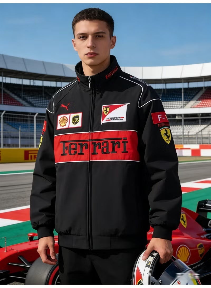 F1 x PUMA Racing Jacket - Black Retro Track Style, Embroidered Logo Badges, Windproof Fabric, Casual Streetwear Coat for Daily & Outdoor Styling - Image 3