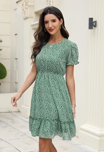 Manydress Women's Summer Chiffon Boho Ruffle Floral Print Casual Swing Skater Puff Sleeve Dress MY337 (Green Print, XL) - Image 3