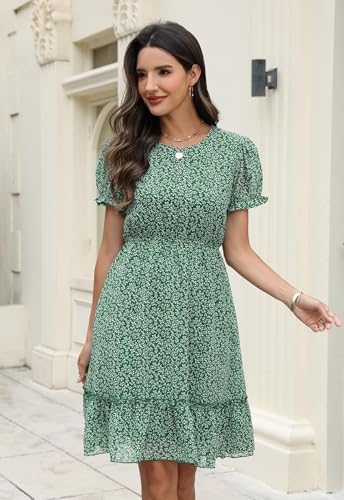 Manydress Women's Summer Chiffon Boho Ruffle Floral Print Casual Swing Skater Puff Sleeve Dress MY337 (Green Print, XL) - Image 4