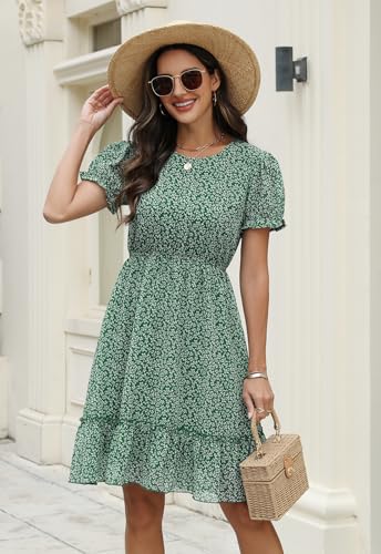 Manydress Women's Summer Chiffon Boho Ruffle Floral Print Casual Swing Skater Puff Sleeve Dress MY337 (Green Print, XL) - Image 5