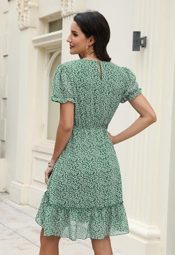 Manydress Women's Summer Chiffon Boho Ruffle Floral Print Casual Swing Skater Puff Sleeve Dress MY337 (Green Print, XL) - Image 2