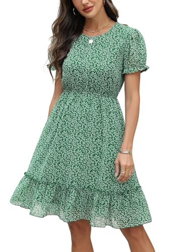 Manydress Women's Summer Chiffon Boho Ruffle Floral Print Casual Swing Skater Puff Sleeve Dress MY337 (Green Print, XL) - Image 1