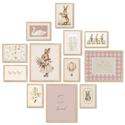 TwoDays Vintage Nursery Decor for Baby Girls Pink Rabbit Bunny Wall Art for Toddler Kids Playroom Swan Animals Posters for Bedroom Multi Sizes Set of 12 8 10 Largest UNFRAMED - Image 1