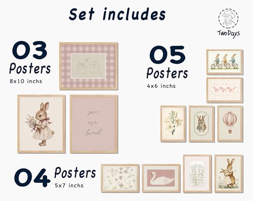 TwoDays Vintage Nursery Decor for Baby Girls Pink Rabbit Bunny Wall Art for Toddler Kids Playroom Swan Animals Posters for Bedroom Multi Sizes Set of 12 8 10 Largest UNFRAMED - Image 3