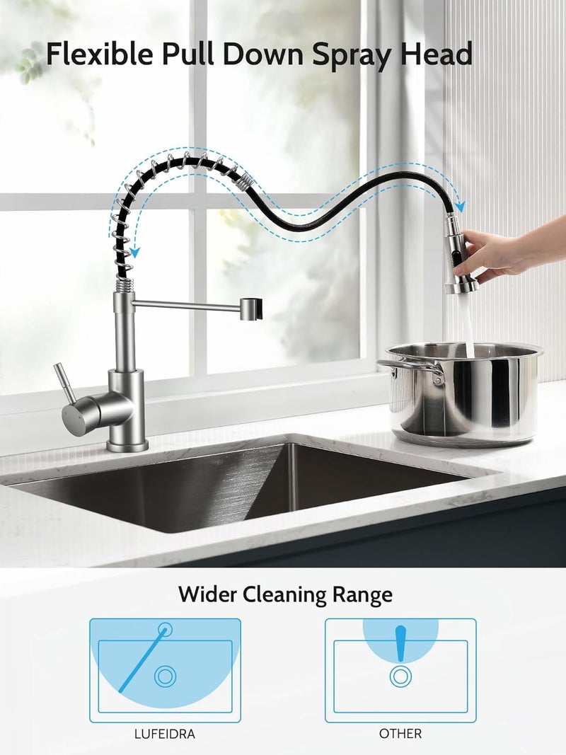 LUFEIDRA Kitchen Faucet with Pull Down Sprayer, High Arc Single Hole Single Handle Kitchen Sink Faucet with Sprayer for RV Camper, Brushed Nickel - Image 2