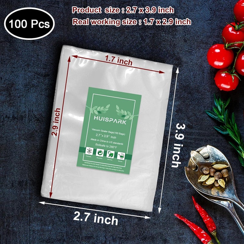 HUISPARK Vacuum Sealer Bags,2.7"*4" 100 Pcs Heavy Duty Pre-Cut Design Commercial Grade Food Sealable Bag for Heat Seal Food Storage,Boilsafe to 280°F Freezable,Good for Storage,Meal Prep and Sous Vide - Image 2